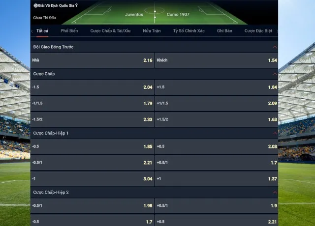 bảng kèo Juventus vs Como 01h45 ngày 20/8/2024